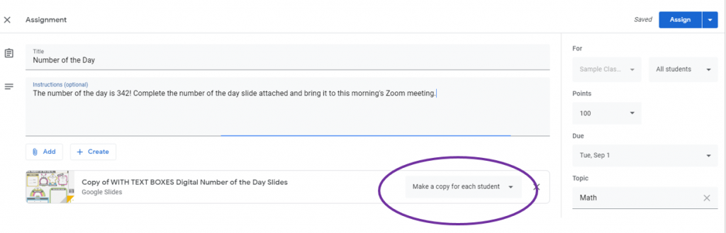 Assigning an assignment in Google Classroom making a copy for each student