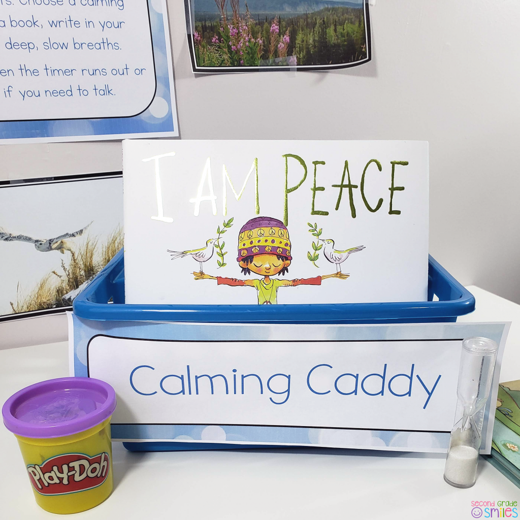 classroom calming caddy with book, playdough, and sand timer